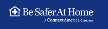 Be Safer At Home logo, a white house icon with a plus sign, on a navy blue background.