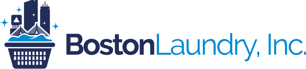 Logo for Boston Laundry, Inc. featuring a laundry basket topped with a blue skyline and sparkles in dark blue and light blue.