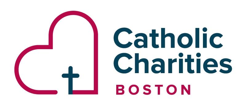 Logo for Catholic Charities Boston featuring a red heart outline containing a dark blue cross, with text to the right.
