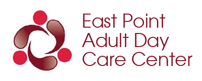 Logo for East Point Adult Day Care Center featuring three circular shapes in a swirling, stylized pattern in deep red.