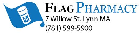 Flag Pharmacy logo featuring a blue flag icon with a white prescription bottle, address, and phone number.
