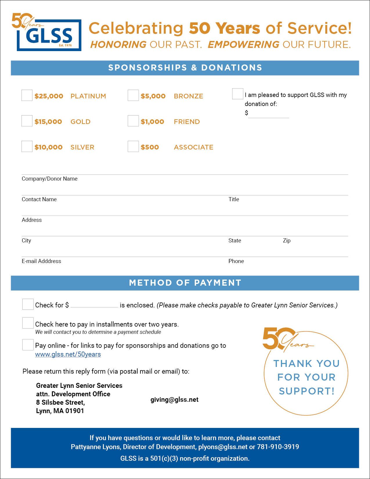 GLSS 50th anniversary sponsorship and donation form with payment method.