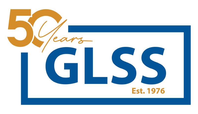 GLSS logo with gold “50 years” and blue text, “Est. 1976,” inside a blue rectangular frame