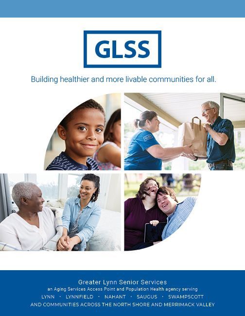 GLSS brochure: children, caregiver delivering food, people, text.