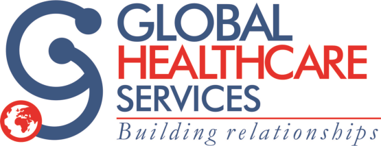 Logo for Global Healthcare Services featuring a stylized blue G symbol, a red globe icon, and the company name and tagline.