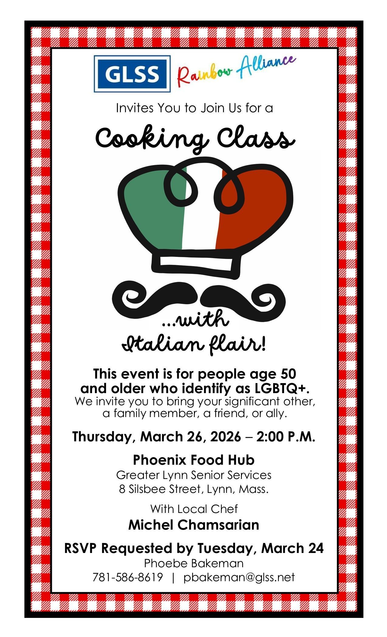Cooking class flyer with red checkered border and illustration of three pots on a stove.