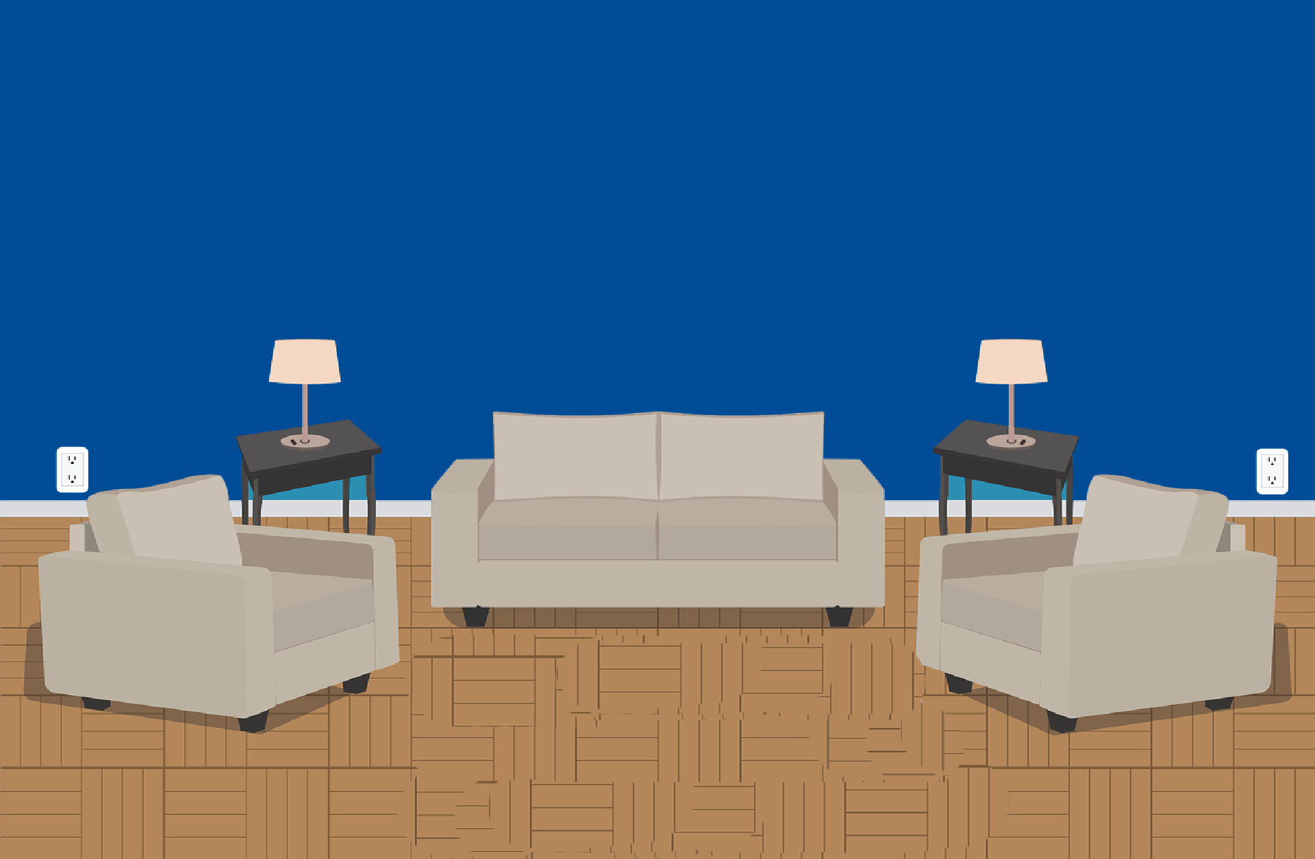A couch and two chairs with side tables and lamps.