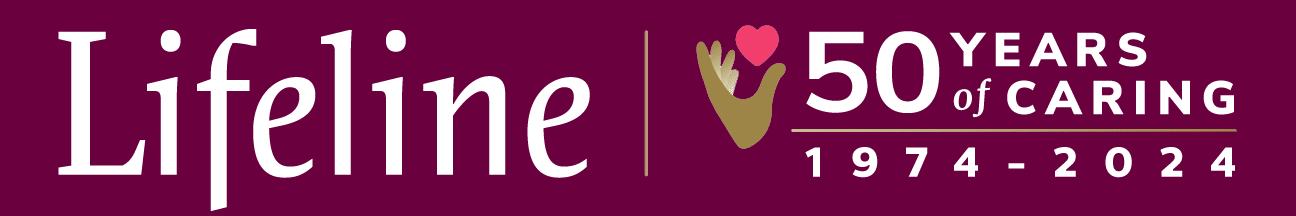 Lifeline logo on a purple background with a hand holding a heart, celebrating 50 years of caring from 1974 to 2024.