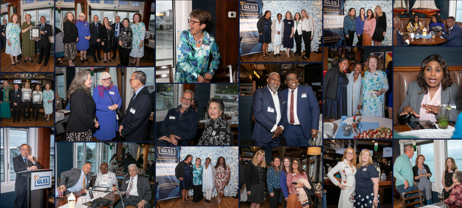 Collage of people in formal attire mingling, posing, and speaking at a reception event indoors.