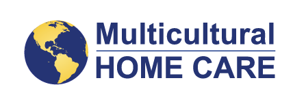 Logo for Multicultural Home Care featuring a blue globe icon next to the company name in dark blue text.