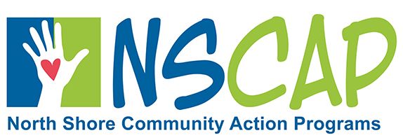 Logo for North Shore Community Action Programs featuring a hand icon with a red heart, and the text NSCAP in blue and green.