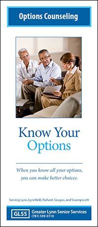 Two older individuals receiving information from a young woman