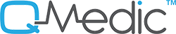 Logo for Q Medic, featuring a light blue Q integrated with a gray heartbeat line and the word 