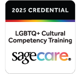 2025 Credential badge for LGBTQ+ Cultural Competency Training, SageCare logo with rainbow accents