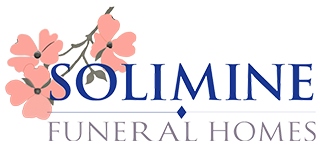 Solimine Funeral Homes logo with pink flowers and blue serif lettering