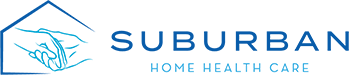 The Suburban Home Health Care logo features a blue house outline framing two hands shaking with the company name below.