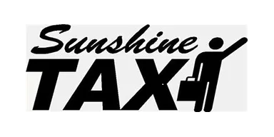 Logo for Sunshine Tax, featuring the text in black and a stylized figure holding a briefcase and waving.
