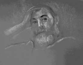 Black and white sketch of a man with a beard, hand on his forehead, looking pensively forward.