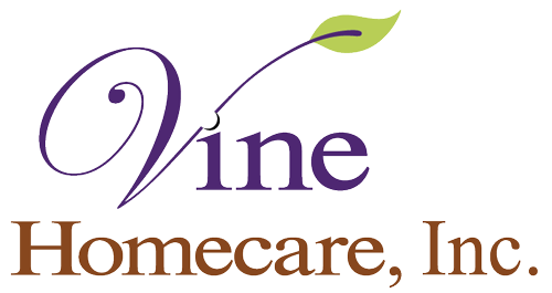 The Vine Homecare, Inc. logo: purple script text 
