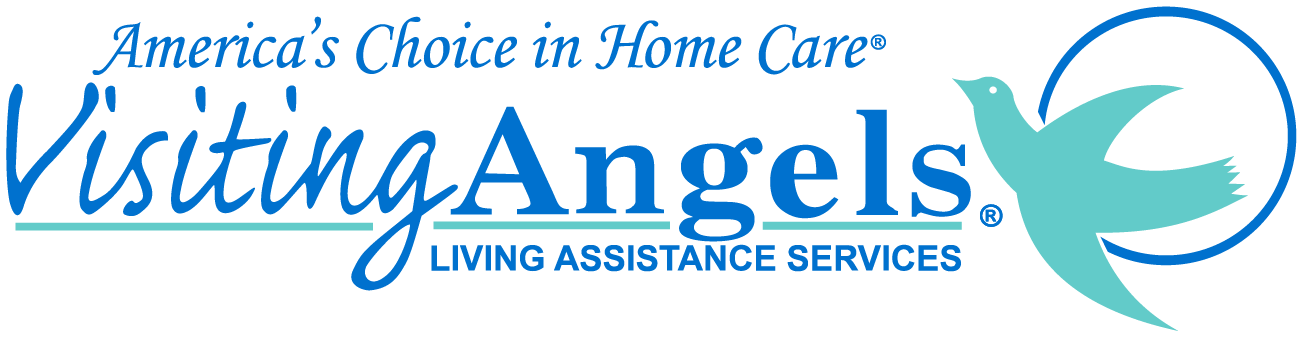 The Visiting Angels logo features blue text and a stylized teal bird icon, with the slogan 
