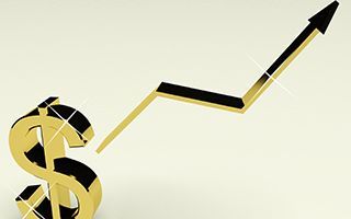 Gold dollar sign with an upward black-and-gold growth arrow on a light background