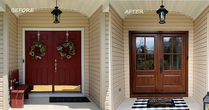 A before and after picture of a front door.