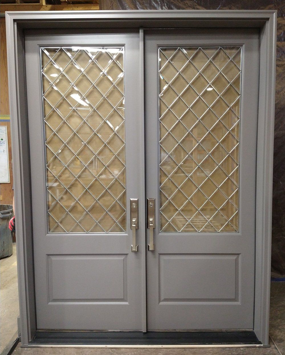 Diamond beveled glass with zinc caming Painted in SW GAUNTLET GREY 7019