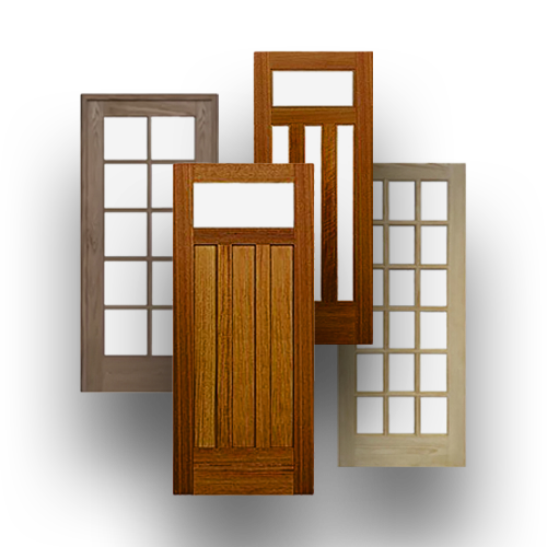 A group of wooden doors are stacked on top of each other on a white background.