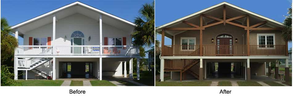 A before and after picture of a house with a balcony.