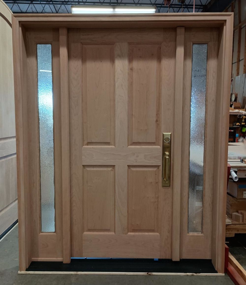 Wieland #22217
Cherry door unit – door with 2 sidelites, but functions as a double door
Hammered glass
Winthrop, IA