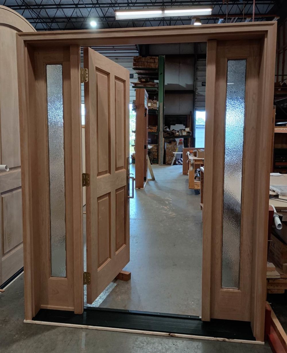 Wieland #22217
Cherry door unit – door with 2 sidelites, but functions as a double door
Hammered glass
Winthrop, IA