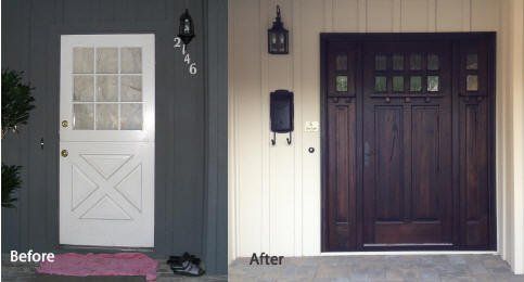 A before and after picture of a front door