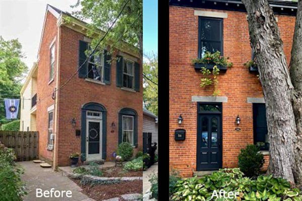 A before and after picture of a brick house.