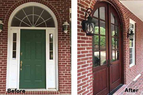 A before and after picture of a brick house with a green door and a wooden door.