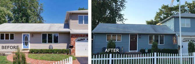 A before and after picture of a house with a white picket fence
