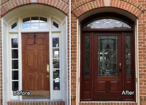 A before and after picture of a wooden door on a brick building.