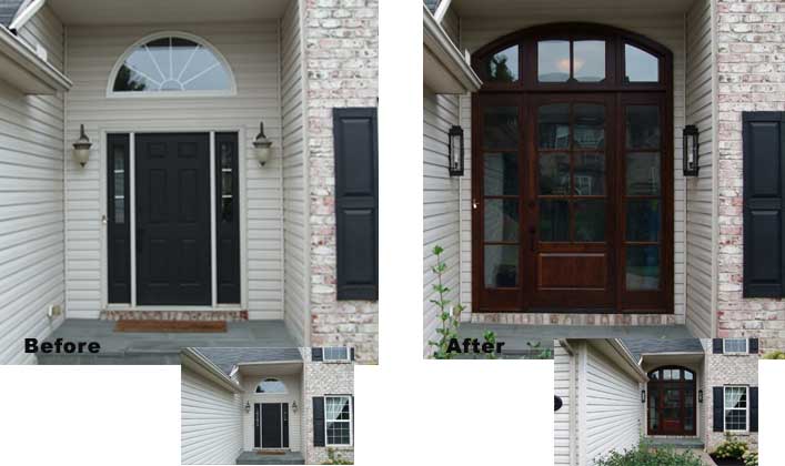 A before and after picture of a house with a black door