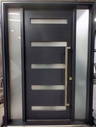A black door with a stainless steel handle