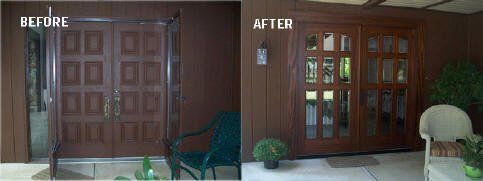 A before and after picture of a wooden door