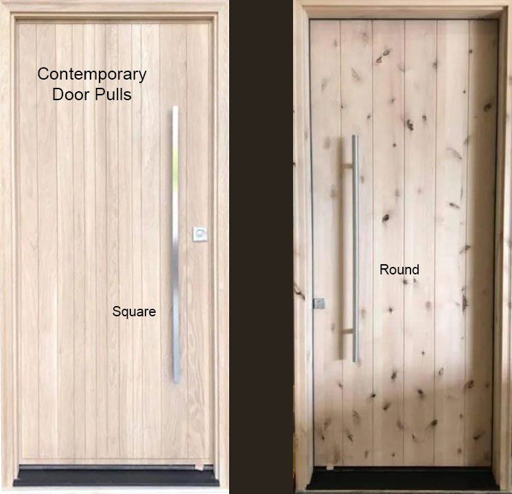 Two wooden doors with contemporary door pulls square and round