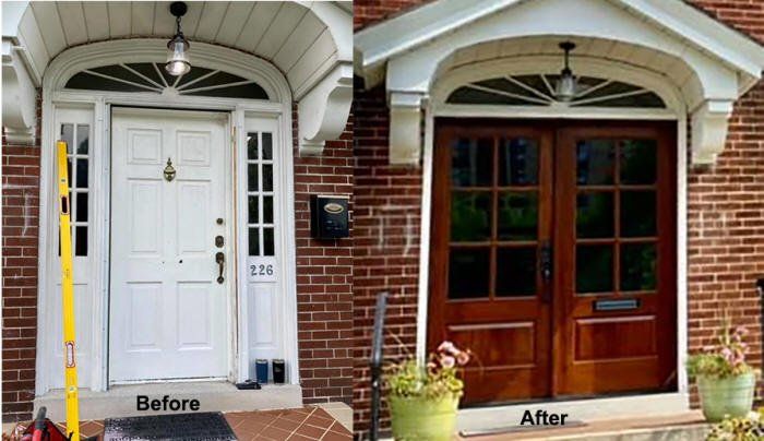 A before and after picture of a front door