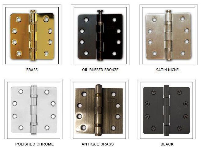 Six different types of door hinges are shown in different colors