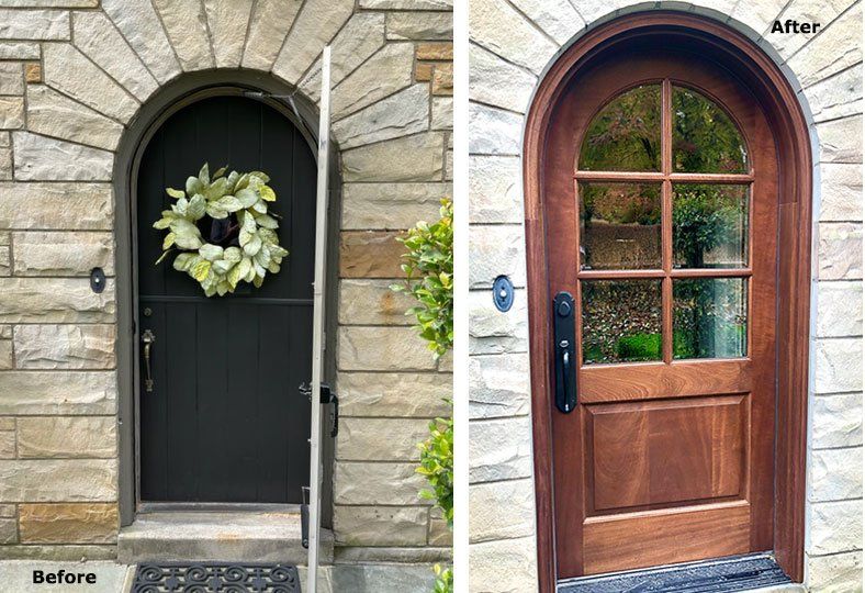 A before and after picture of a door with a wreath on it.
