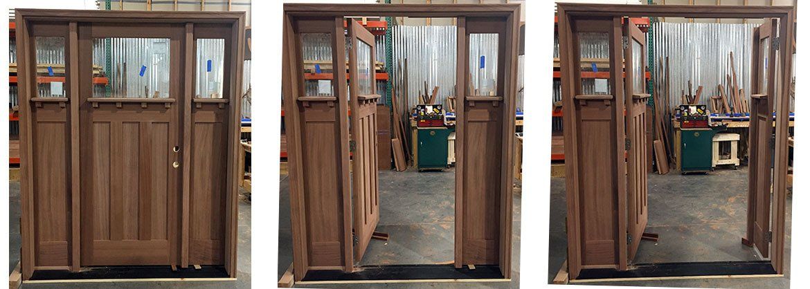 Three pictures of a wooden door being built in a factory.