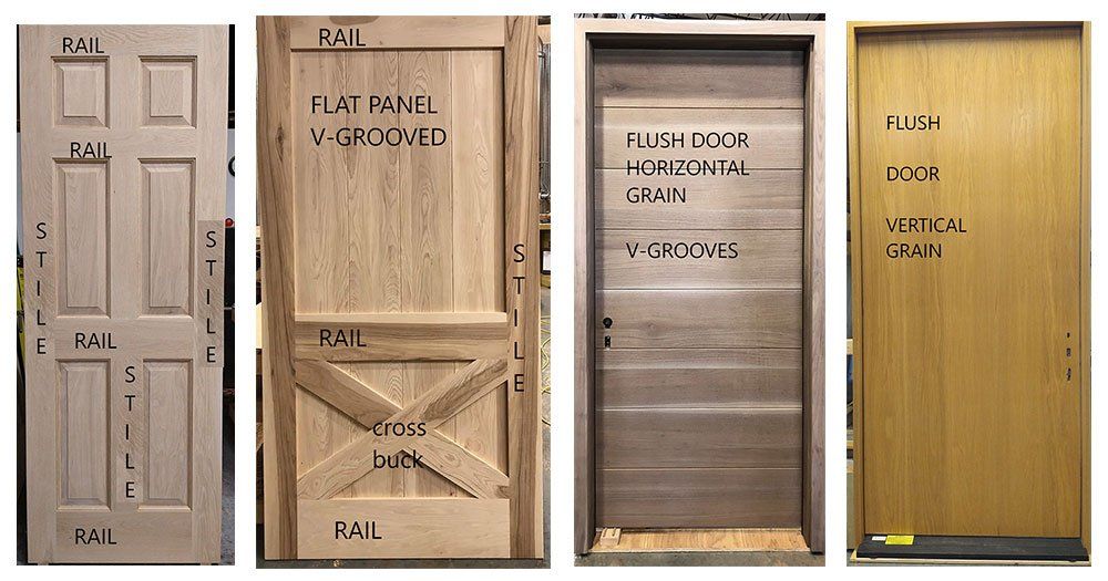 A collage of four different types of wooden doors