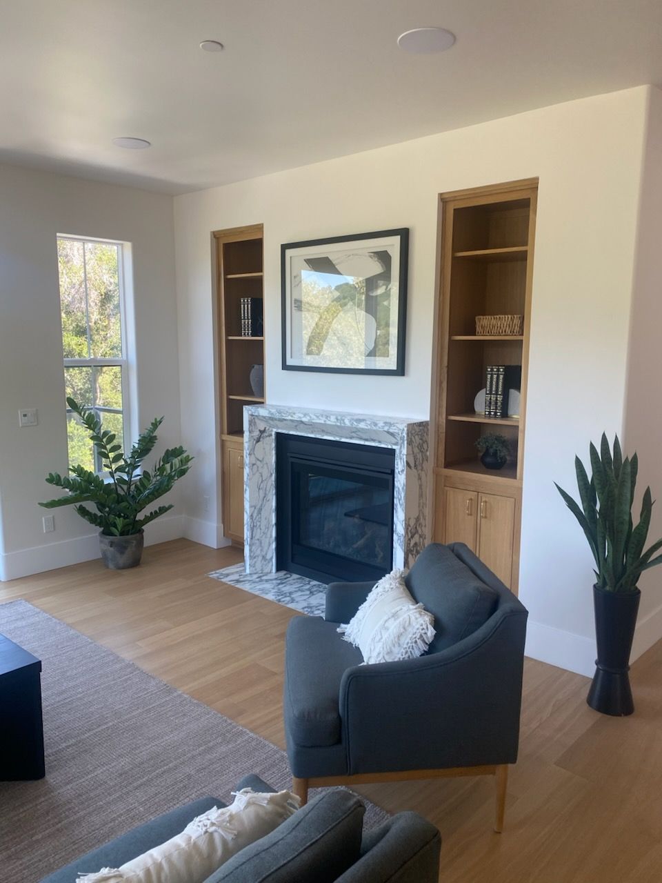 Bright living room with fireplace, built-in shelves, potted plants, and a dark armchair by a window.