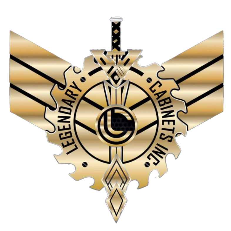 Gold and black Legendary Cabinets Inc. gear-wing logo with circular emblem and crossed design