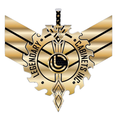 Gold and black Legendary Cabinets Inc. gear-wing logo with circular emblem and crossed design