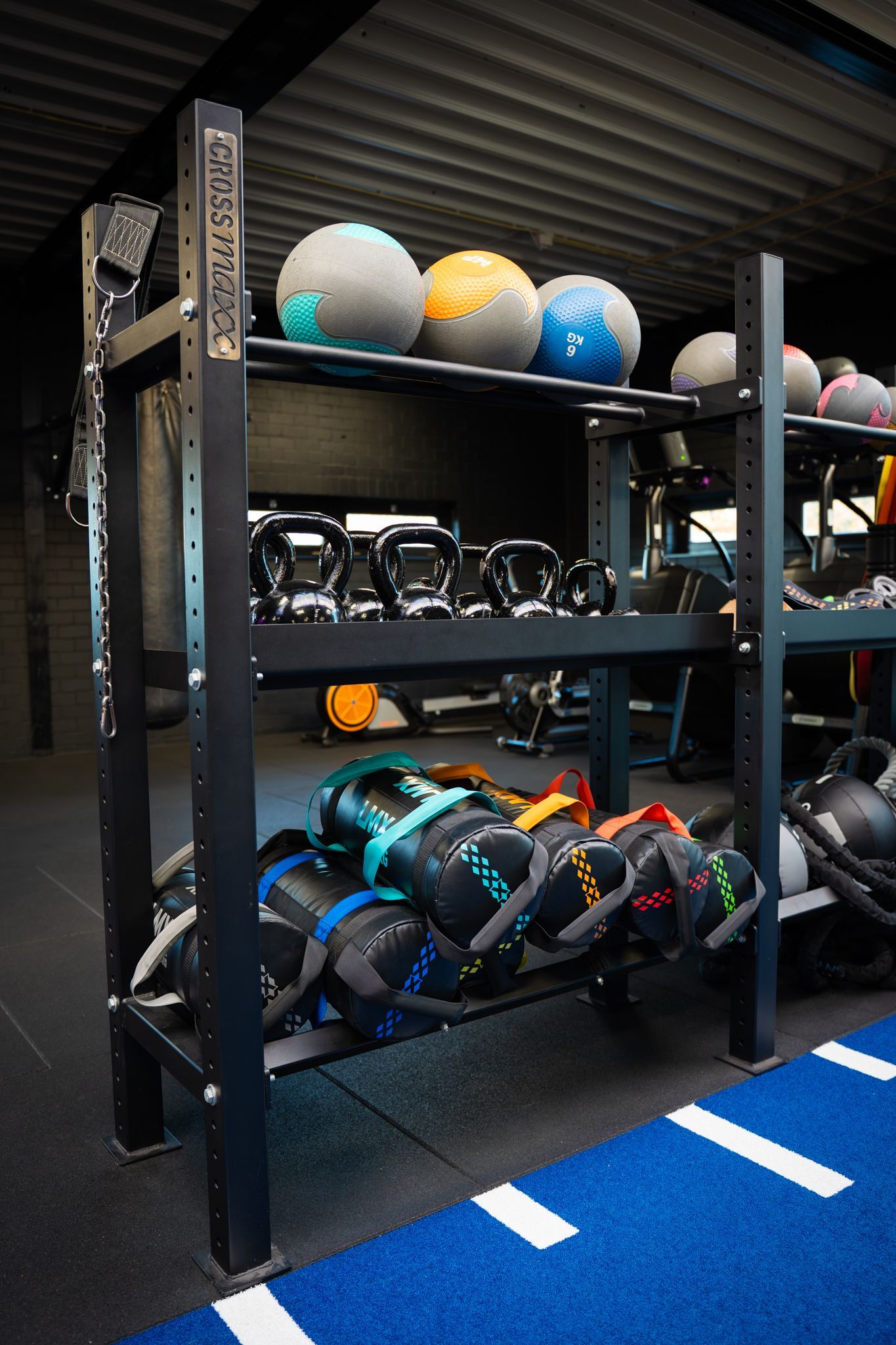 Opbergrek met medicijnballen en dumbbells in een fitnessruimte.