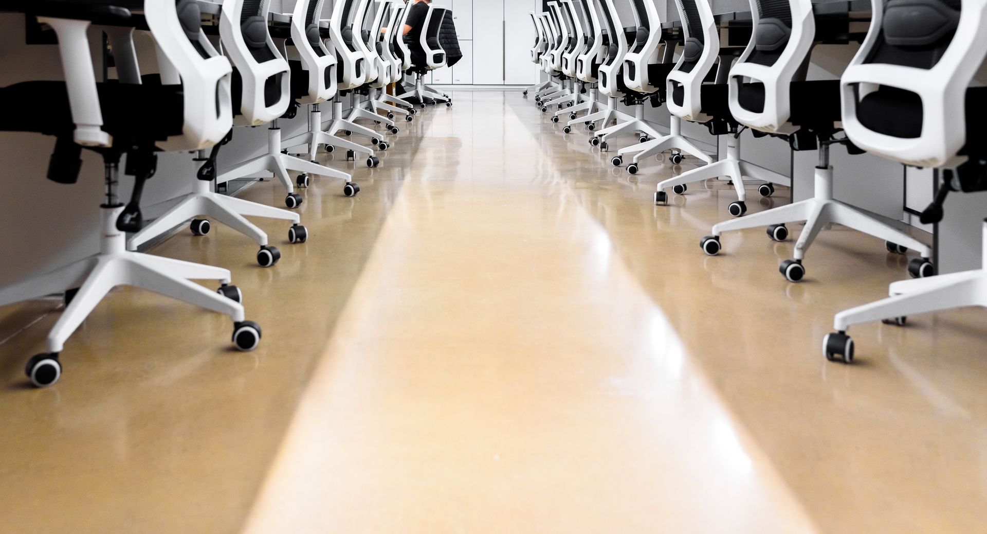 A row of office chairs are lined up in a conference room.